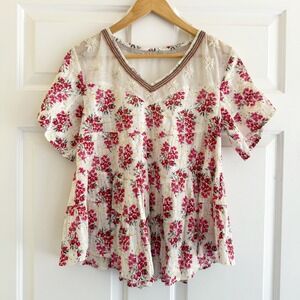 WANAMA Women's‎ Size Medium Floral Embroidered Mesh V-Neck Tiered Tunic Top